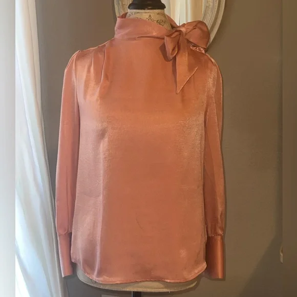 Worthington Petite XS pink women’s blouse with ribbon 🎀 tie bow button shirt XS - Picture 6 of 13
